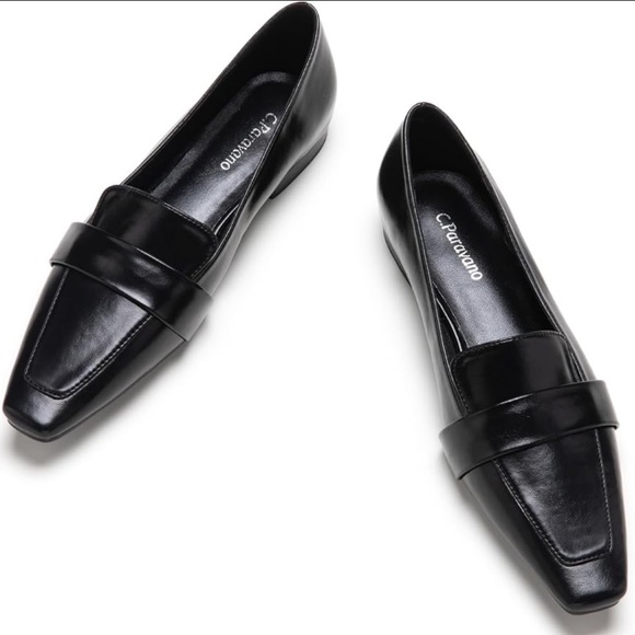C.PARAVANO Black Square Toe Leather Penny Loafers Flats Sz 38 Classic Neutral - Picture 1 of 7